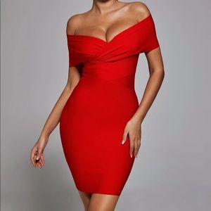 Red off shoulder bandage dress